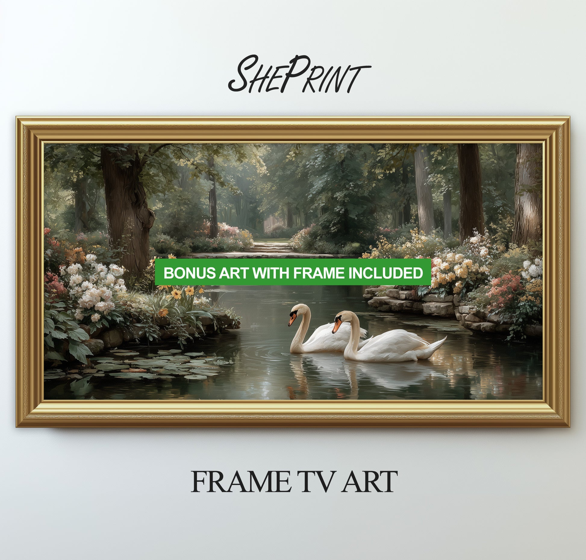 Frame TV Art Secret Garden With Swans 3840x2160px JPG – with golden frame preview
