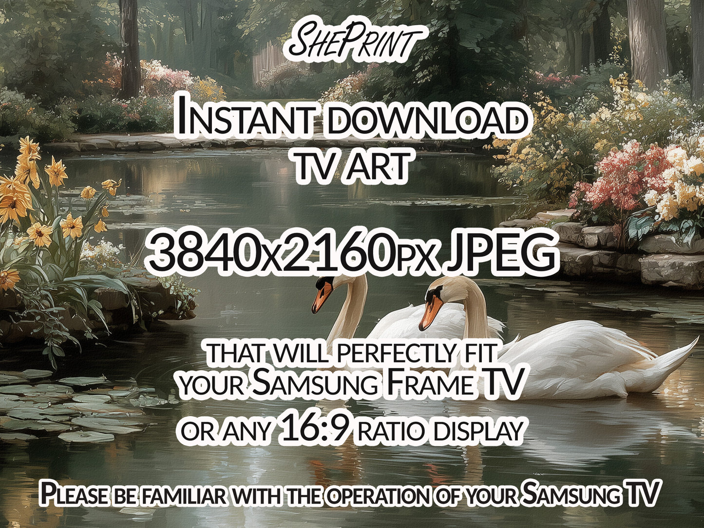 Frame TV Art Secret Garden With Swans 3840x2160px JPG – Instant Download, close up look