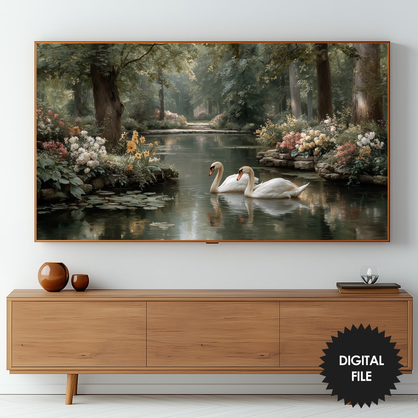 Frame TV Art Secret Garden With Swans 3840x2160px JPG – Instant Download preview on screen