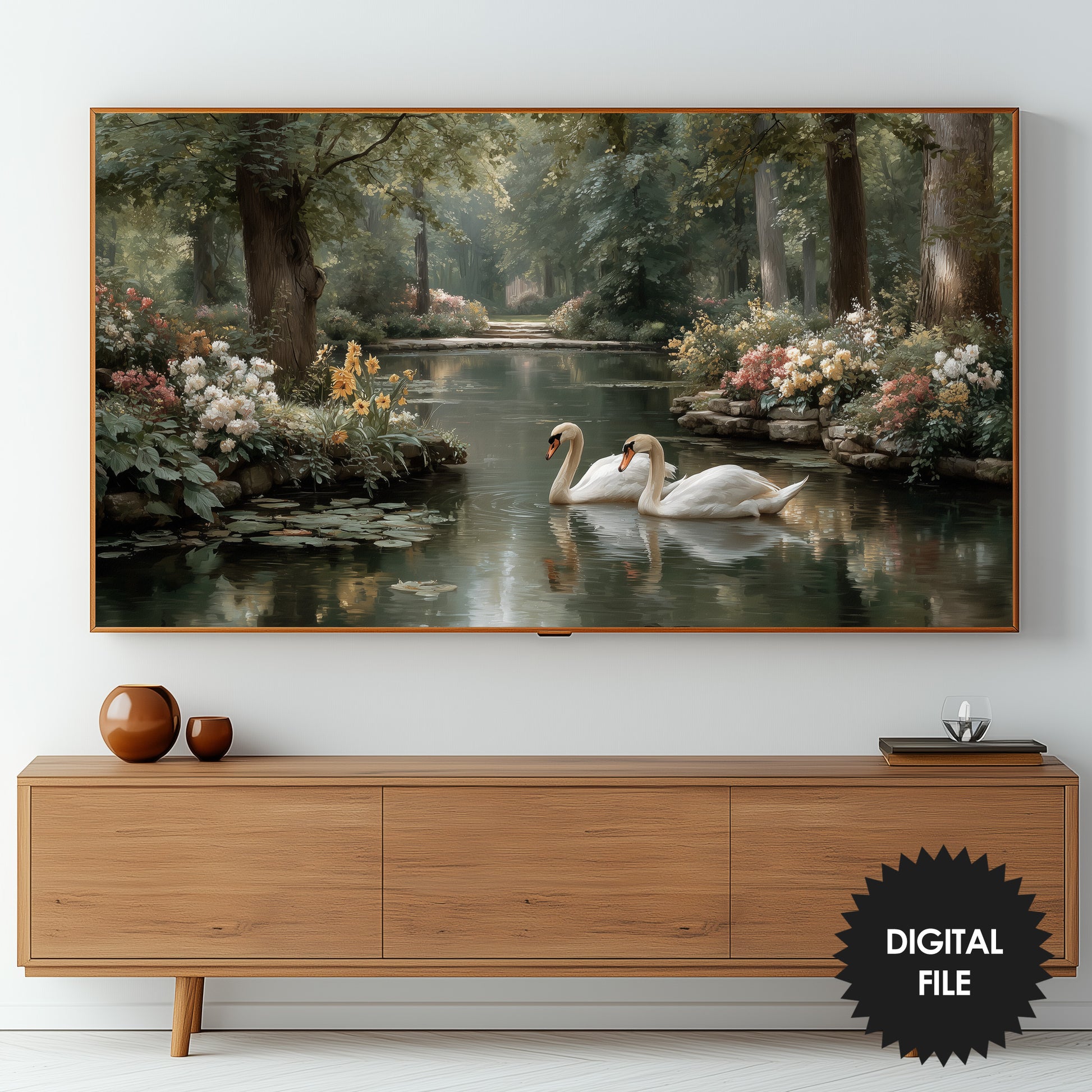 Frame TV Art Secret Garden With Swans 3840x2160px JPG – Instant Download preview on screen