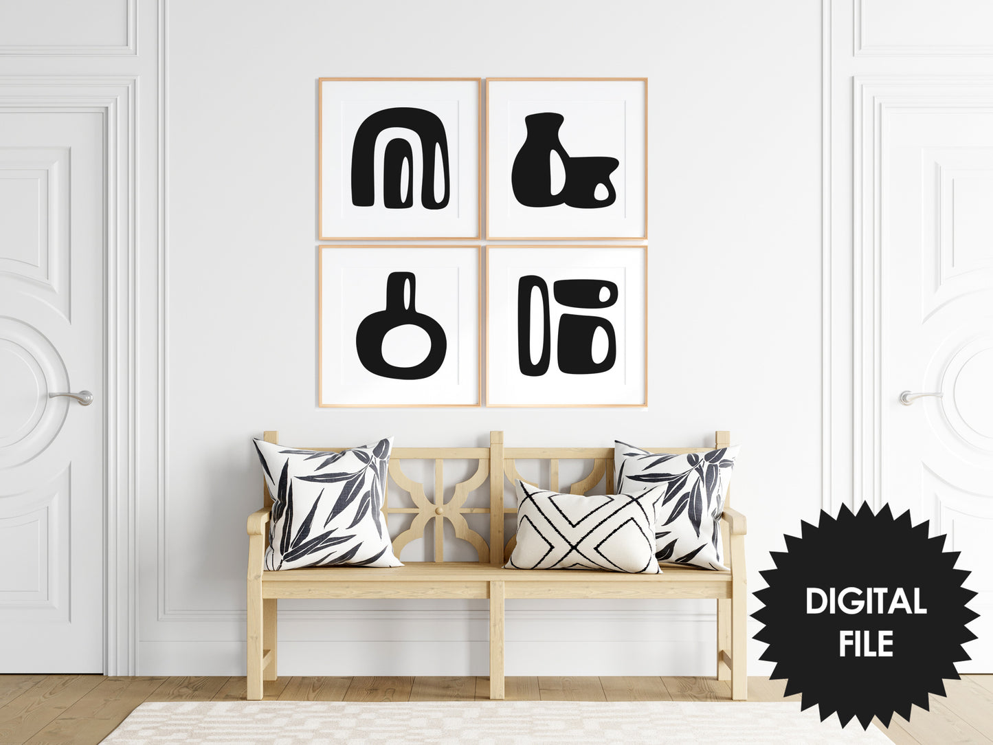 Boho Pottery Wall Art Print, Set of 4, minimalism, simple black & white wall art, digital art poster download, modern square art prints