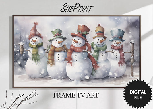 Christmas Frame TV Art | Singing Snowmen | Digital TV Art | Digital Watercolor Painting | Instant Download JPEG