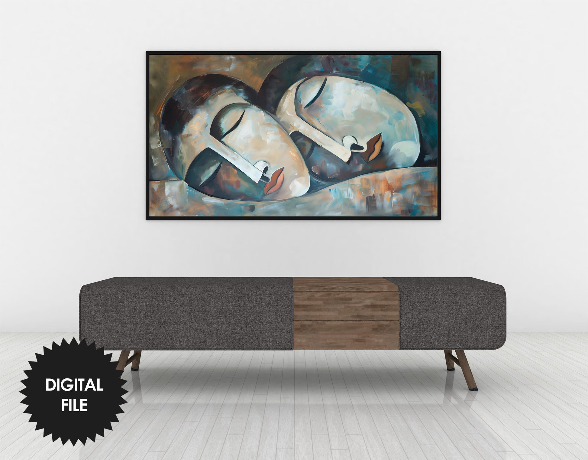 Frame TV Art, Sleeping Couple Abstract Art, Cool Tones, Cubist Oil Painting Preview on Samsung Wall mount TV