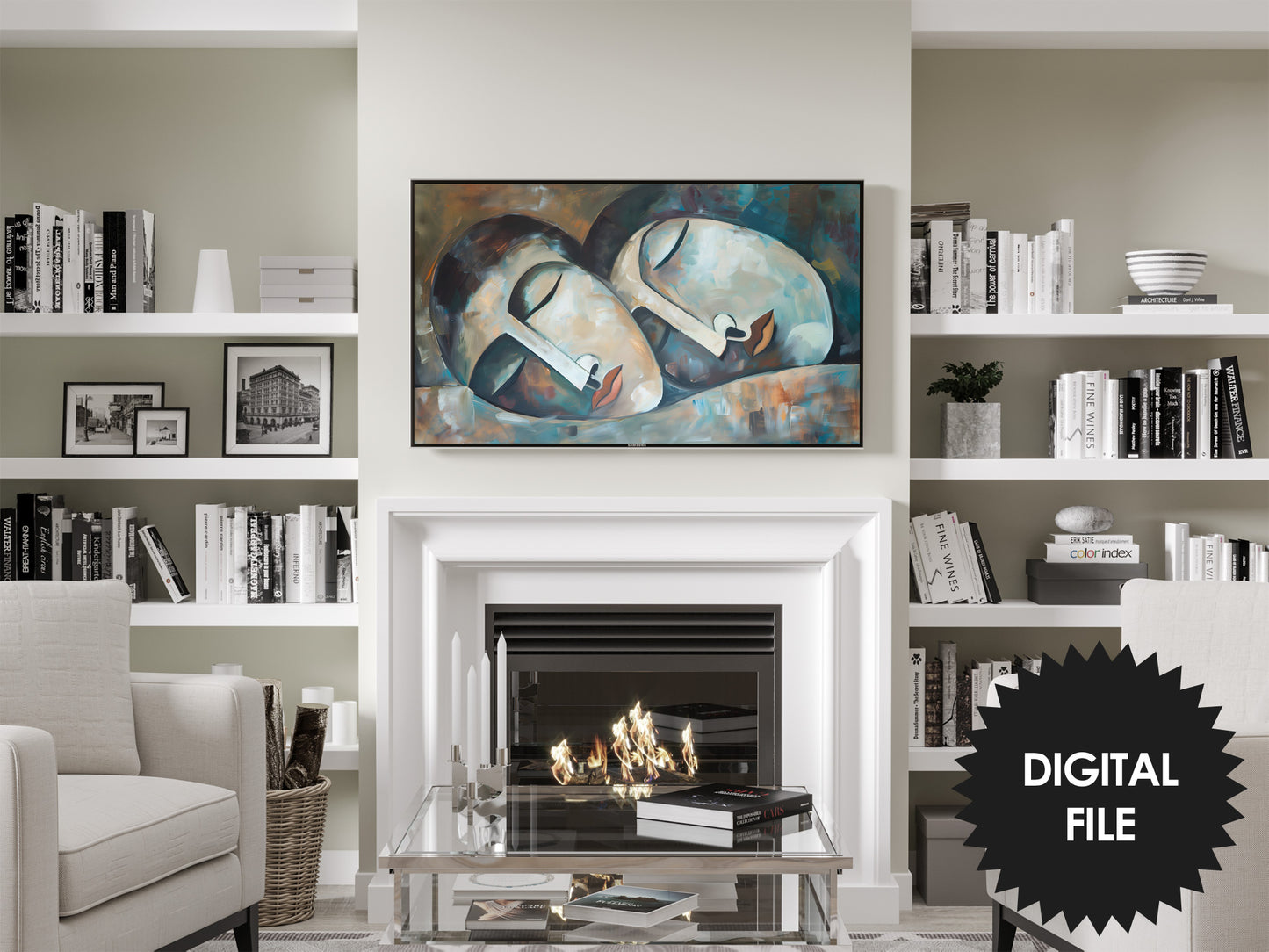 Frame TV Art, Sleeping Couple Abstract Art, Cool Tones, Cubist Oil Painting preview in modern living room