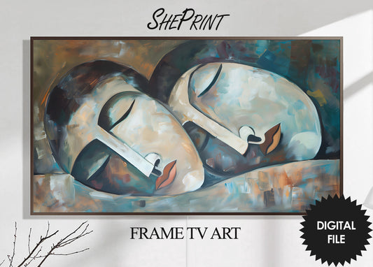 Frame TV Art, Sleeping Couple Abstract Art, Cool Tones, Cubist Oil Painting preview on Samsung Frame TV