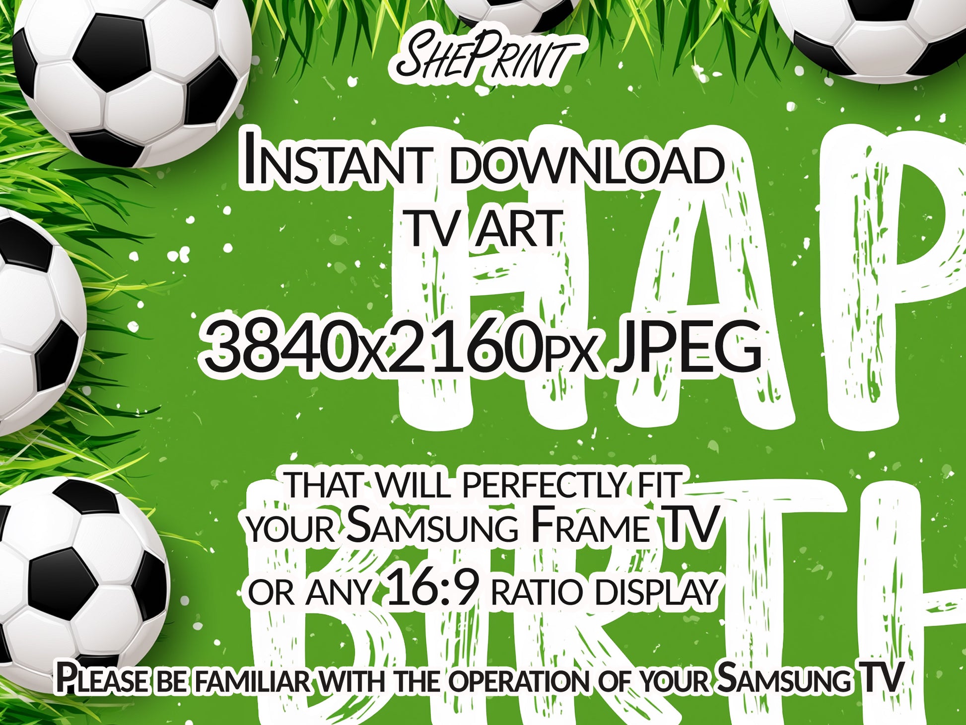 Happy Birthday Soccer Theme TV Backdrop for Boys | 3840x2160px JPEG | Digital Download close up look