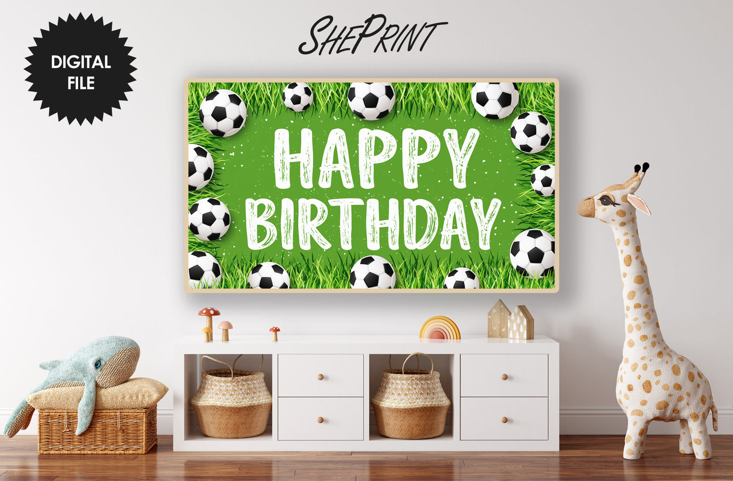 Happy Birthday Soccer Theme TV Backdrop for Boys | 3840x2160px JPEG | Digital Download preview in kids room