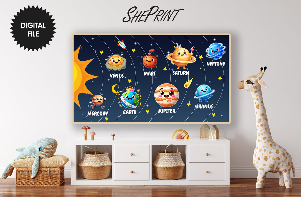 Solar System Educational Samsung Frame TV Art For Kids | Learn Planets in a Fun Way - Digital TV Art - Instant Download, preview in kids room