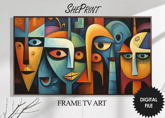 Samsung Frame TV Art, Spooky Faces Cubism Abstract Art, Picasso Style, Vibrant Colors, Oil Painting, Digital TV Art, Instant Download