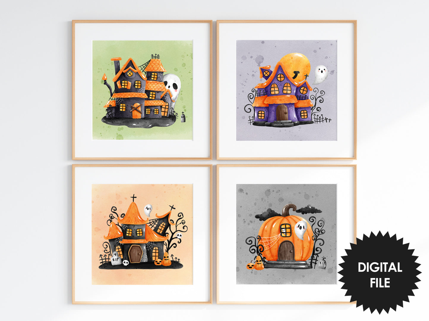 Spooky Halloween Wall Art For Kids, Set of 4 Printables, Digital Download, Print at Home, Print Any Size Up To 20x20 inch