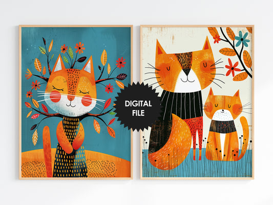 Kids Room Wall Art, Spring Cats, Set of 2 Risograph Prints preview