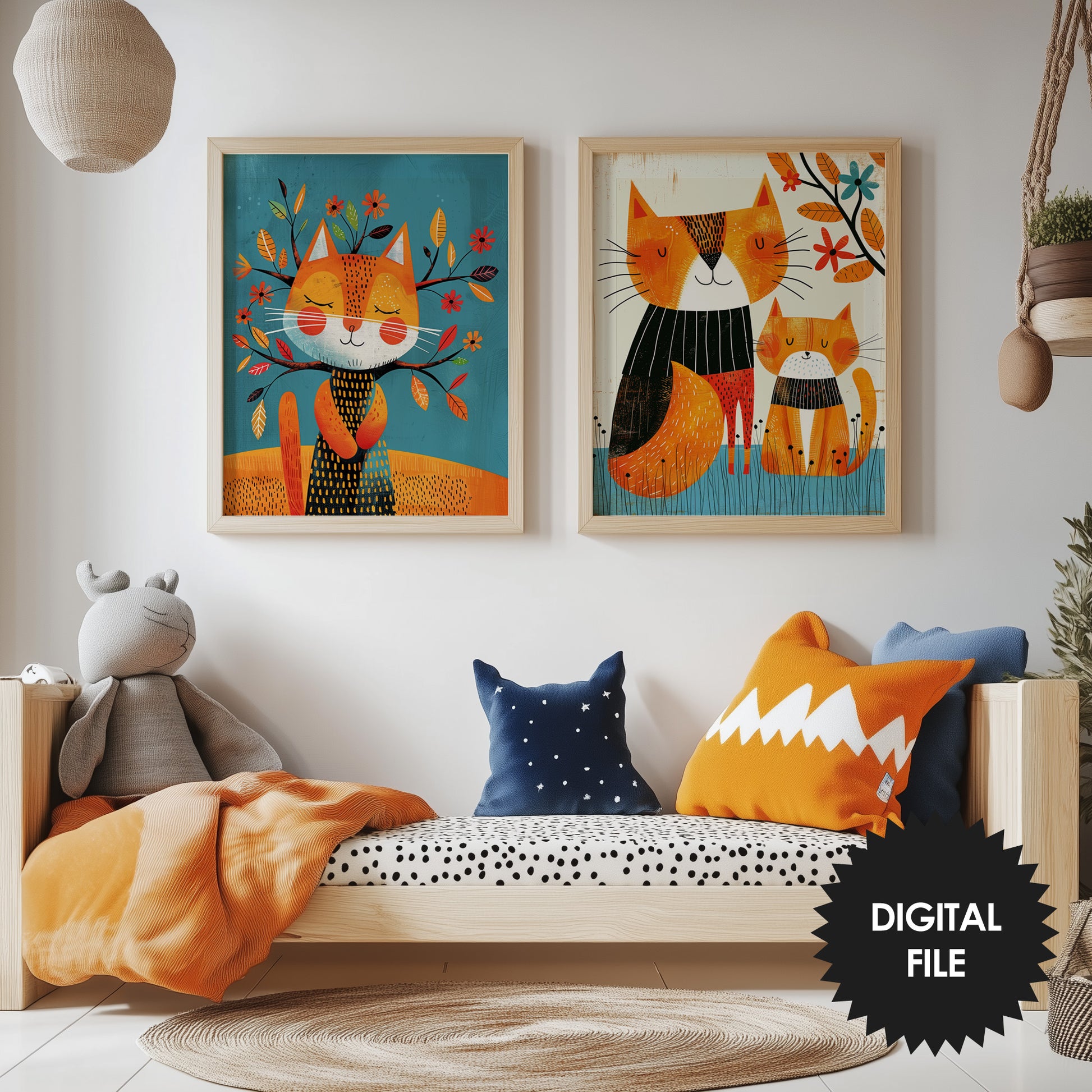 Kids Room Wall Art, Spring Cats, Set of 2 Risograph Prints preview in kids room