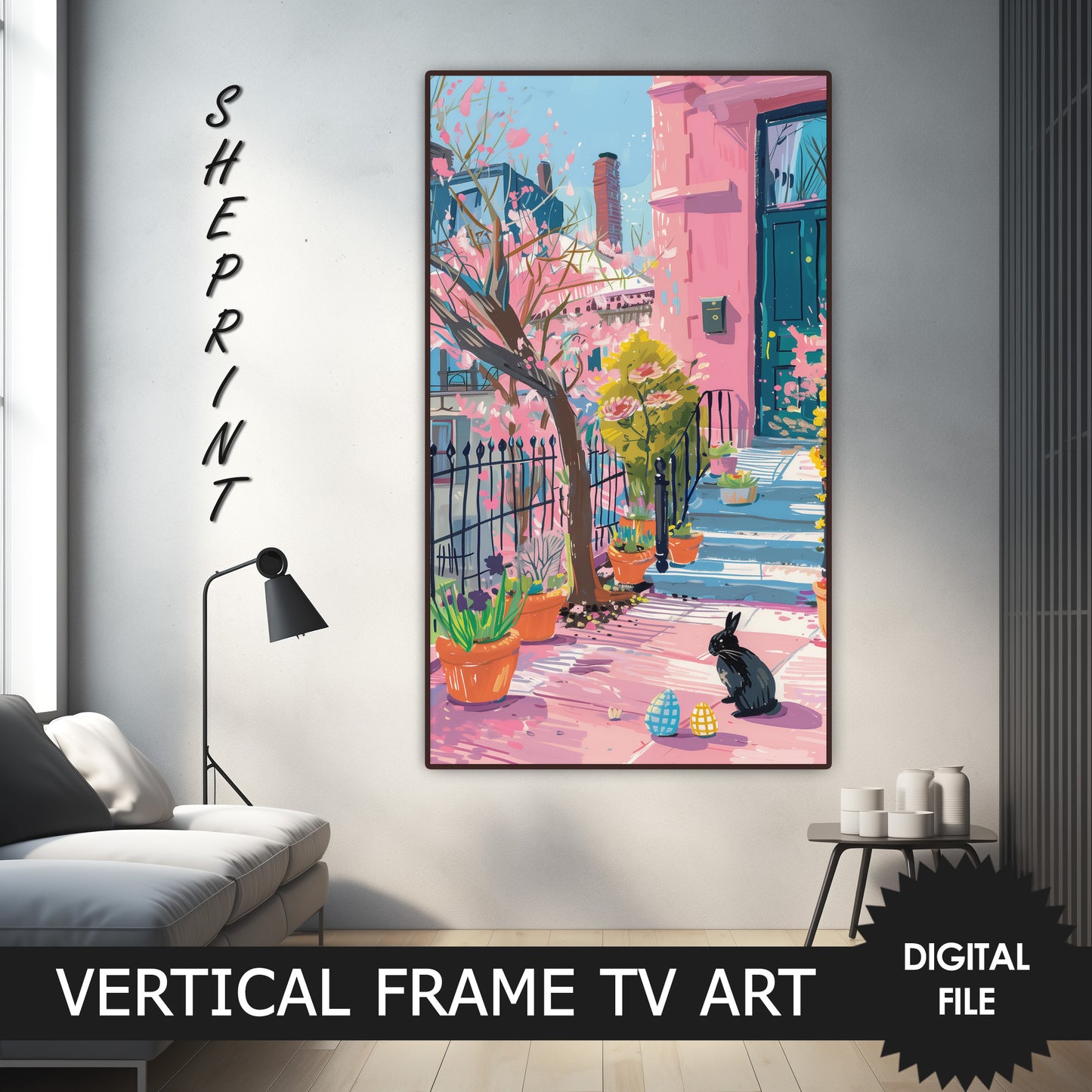 Vertical Frame TV Art, Spring Easter Day Watercolor preview on samsung Frame TV when mounted vertically