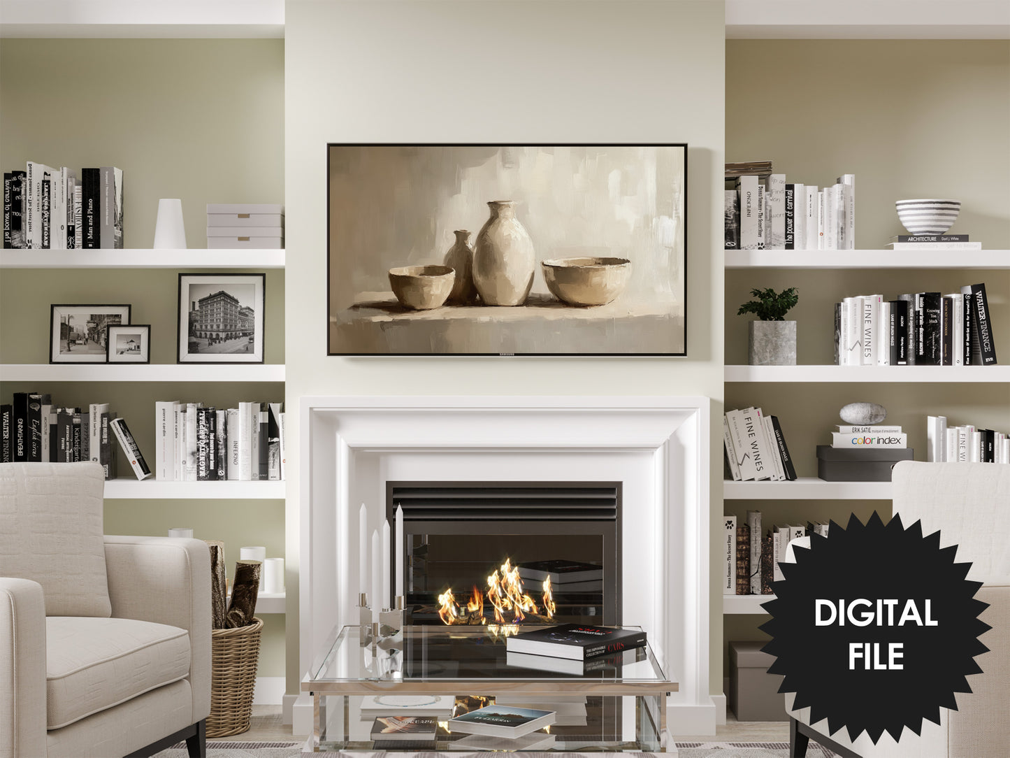 Frame TV Art Still Life Clay Pots Painting preview in modern living room