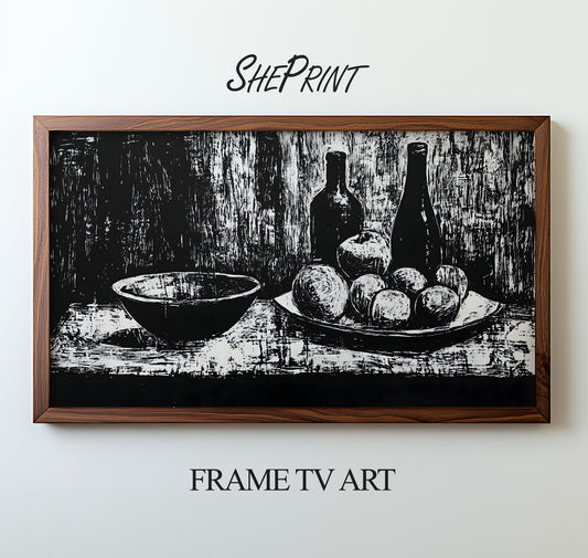 Samsung Frame TV Art, Still Life Linocut, Black and White TV Art, preview