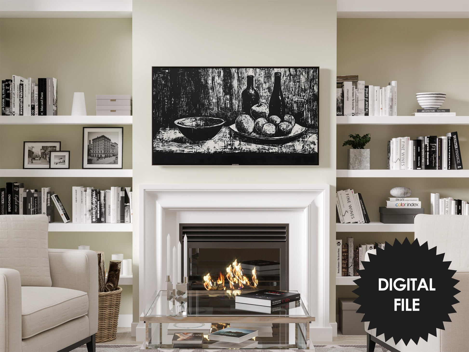 Samsung Frame TV Art, Still Life Linocut, Black and White TV Art, preview in modern living room