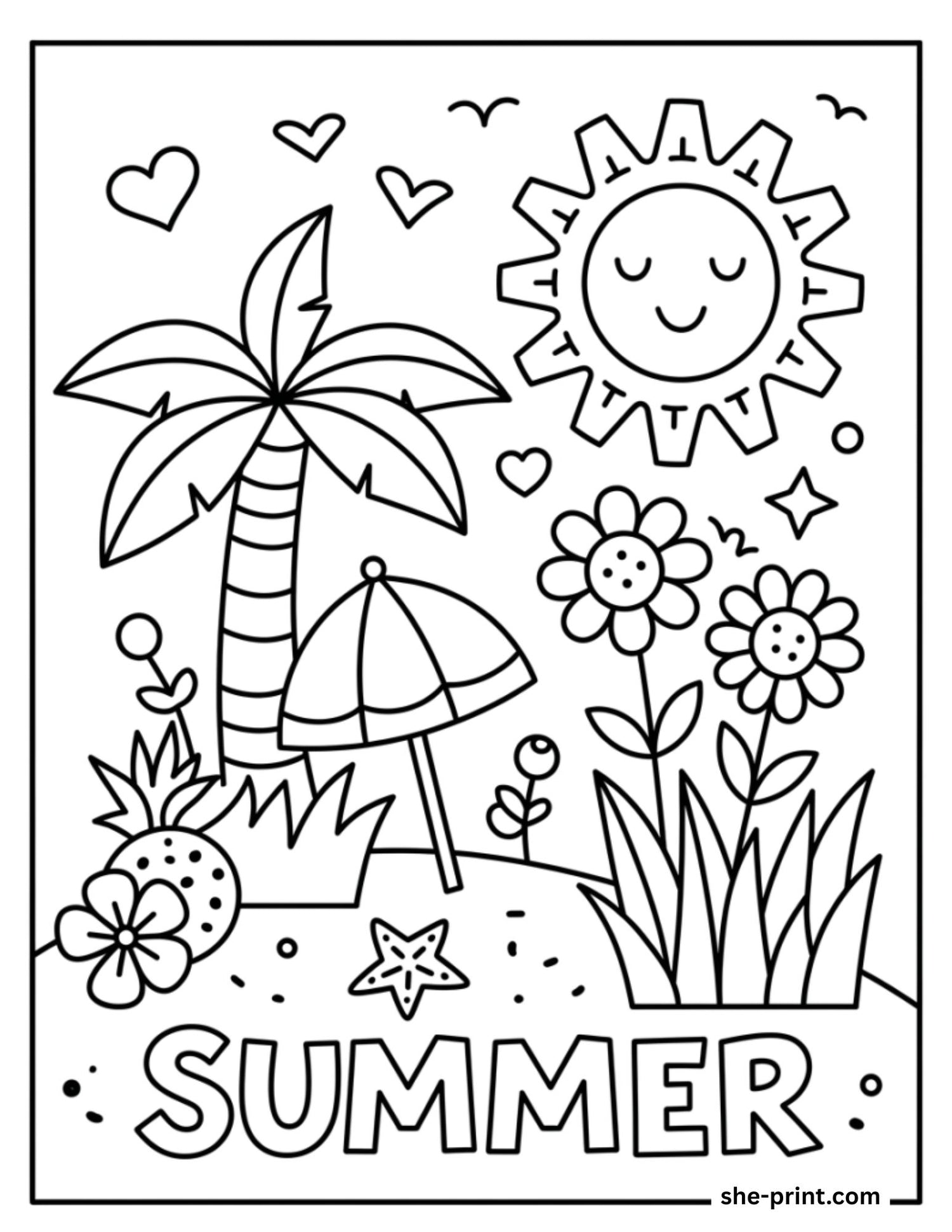 Coloring pages for kids with summer elements palm trees, sun, flowers, boats, umbrellas. Free download made by She-print.cm