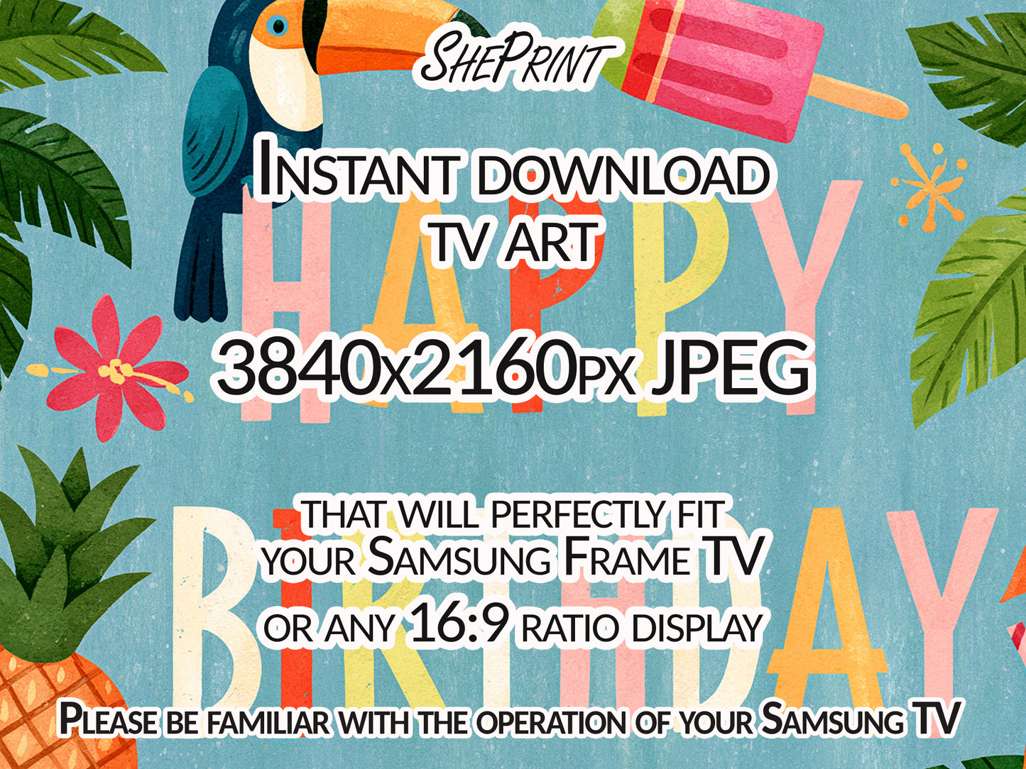 Tropical Birthday Frame TV Art | Summer Luau Happy Birthday Banner for TV | Instant Download close up view