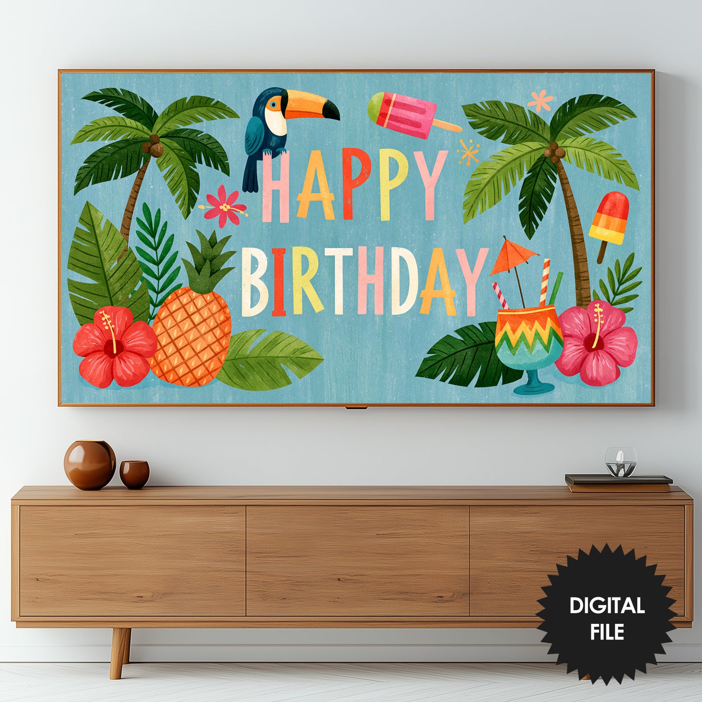 Tropical Birthday Frame TV Art | Summer Luau Happy Birthday Banner for TV | Instant Download preview in living room