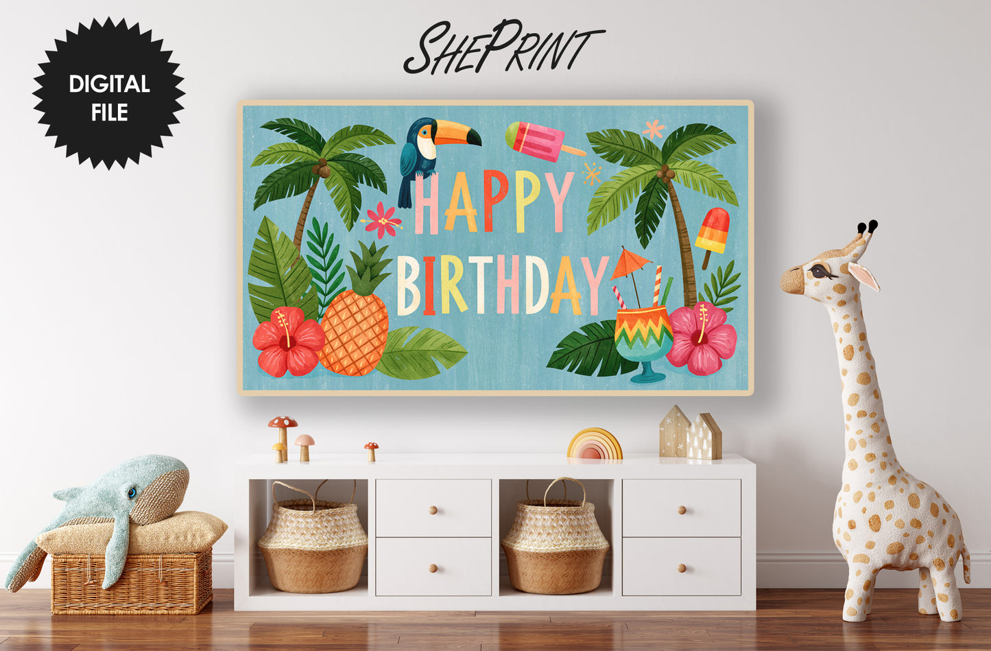 Tropical Birthday Frame TV Art | Summer Luau Happy Birthday Banner for TV | Instant Download preview in kids room