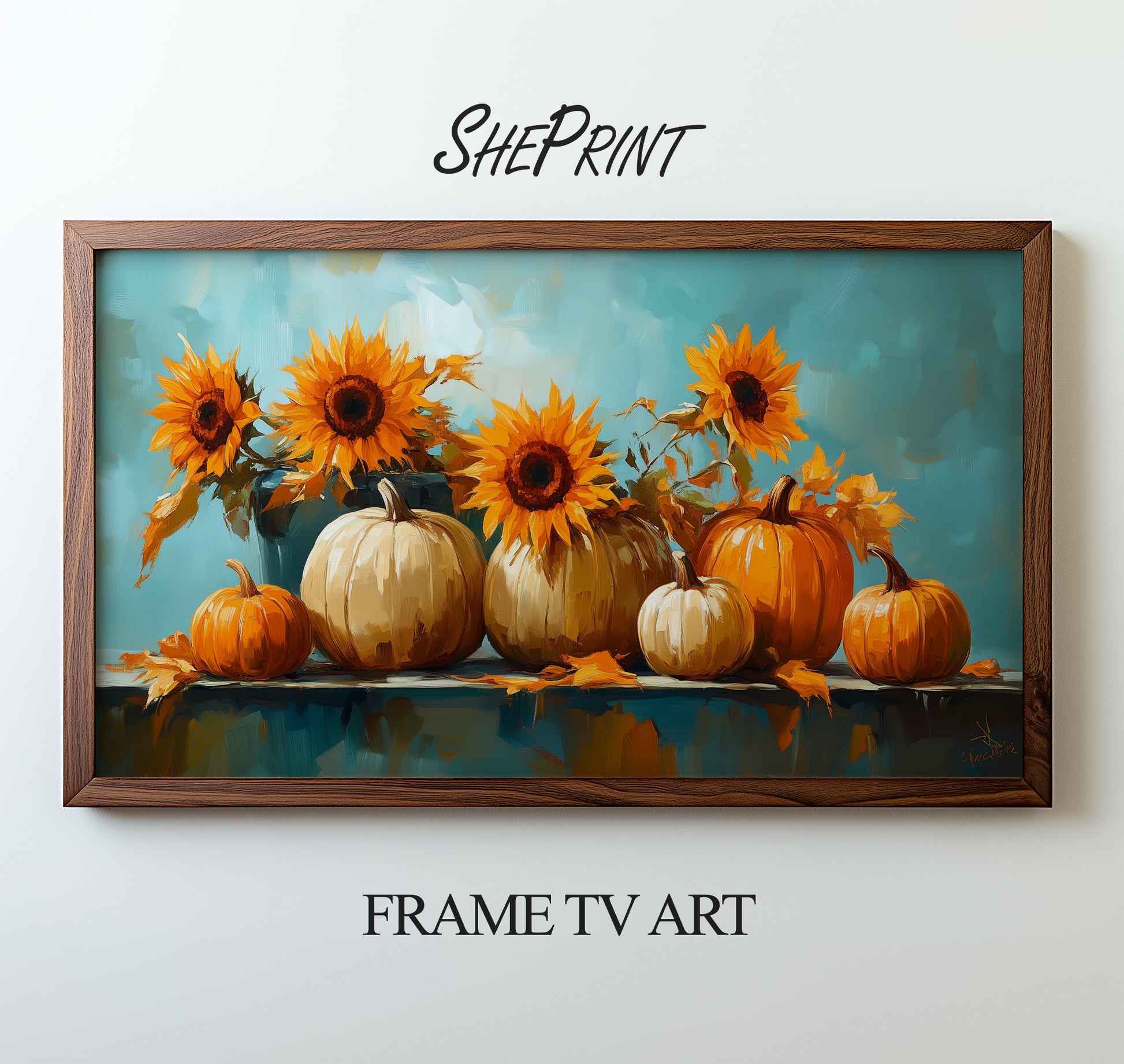 Samsung Frame TV Art, Sunflowers and Pumpkins Oil Painting, Fall Still Life preview in wooden frame