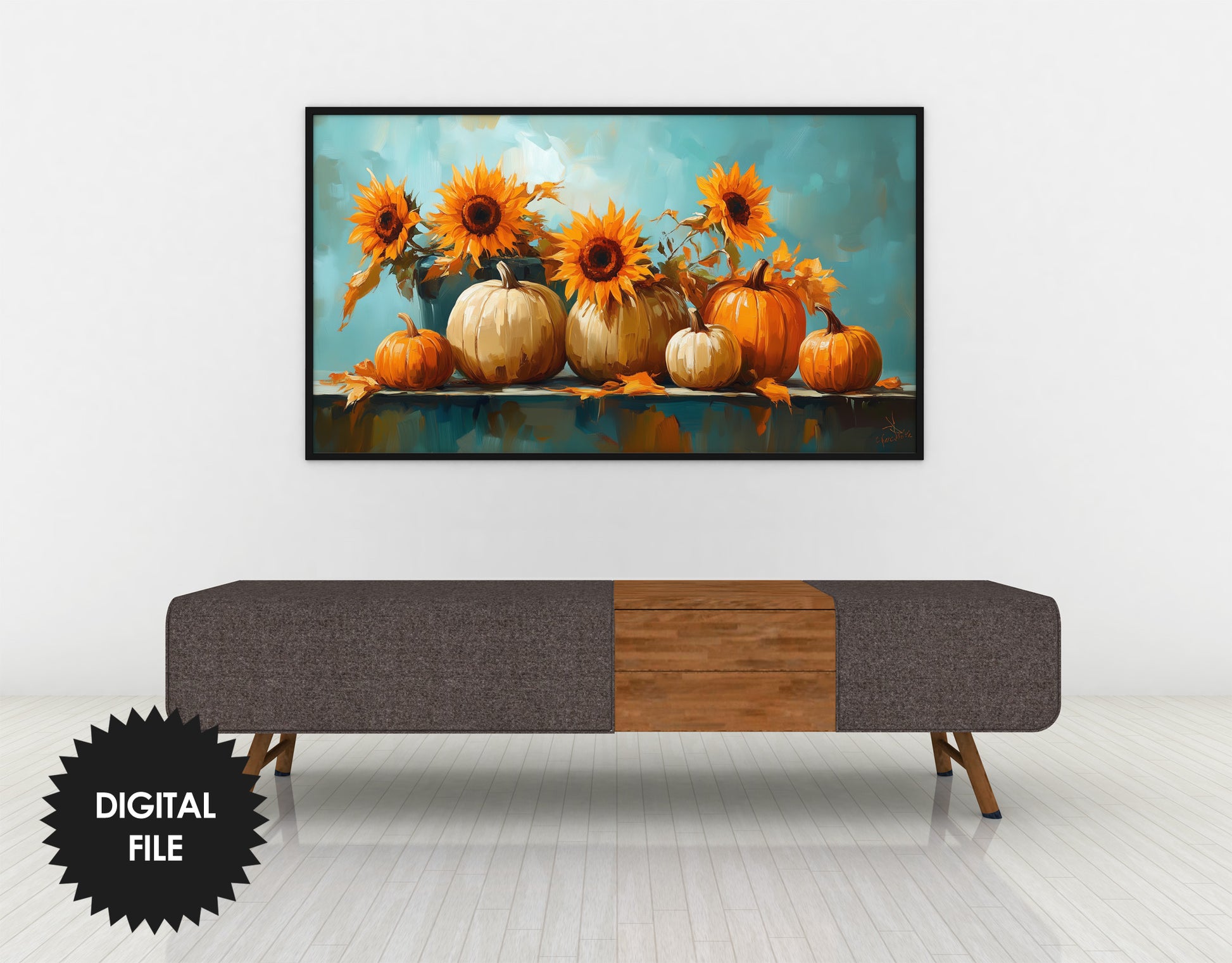 Samsung Frame TV Art, Sunflowers and Pumpkins Oil Painting, Fall Still Life preview on wall