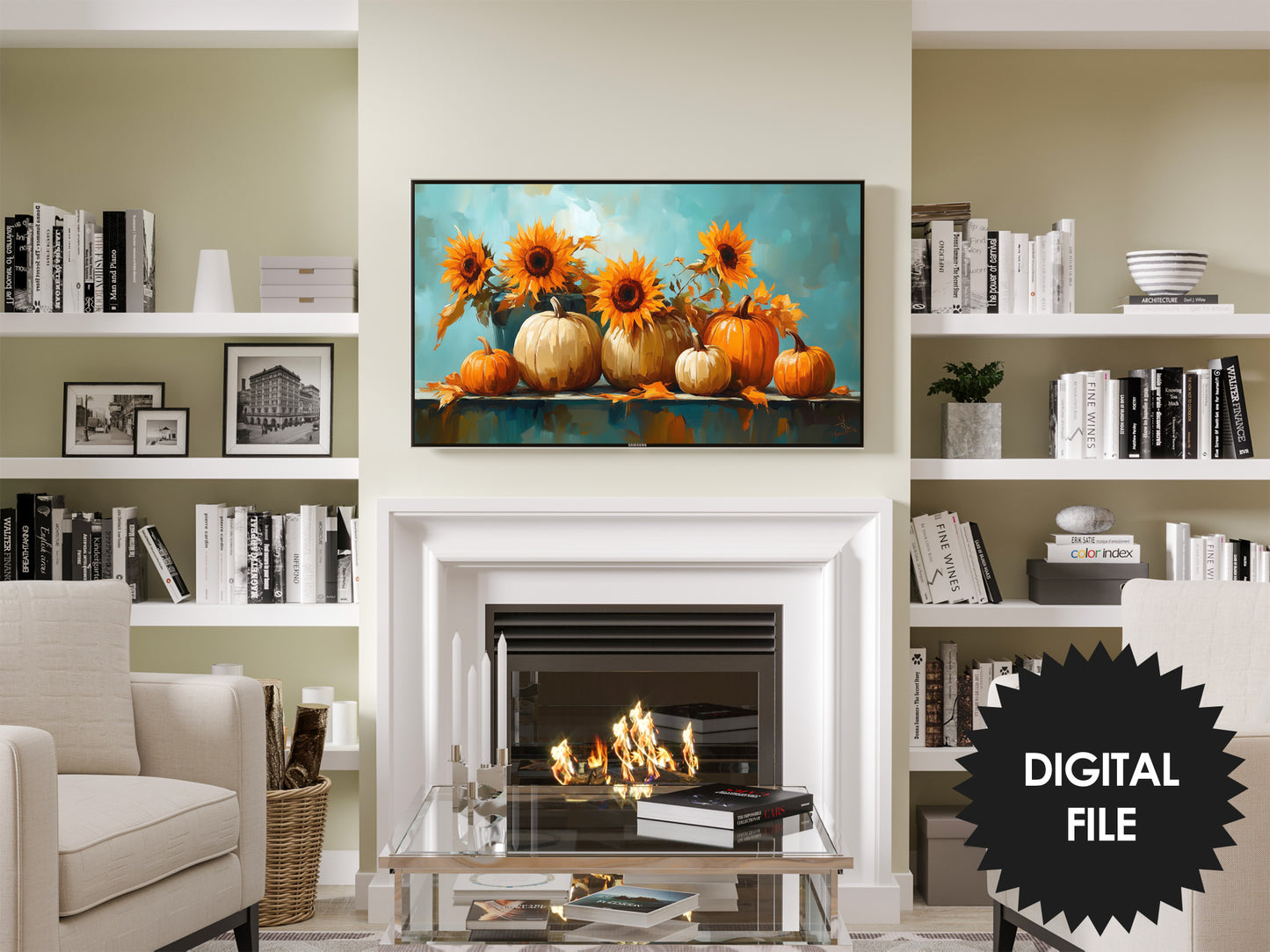 Samsung Frame TV Art, Sunflowers and Pumpkins Oil Painting, Fall Still Life preview in modern living room