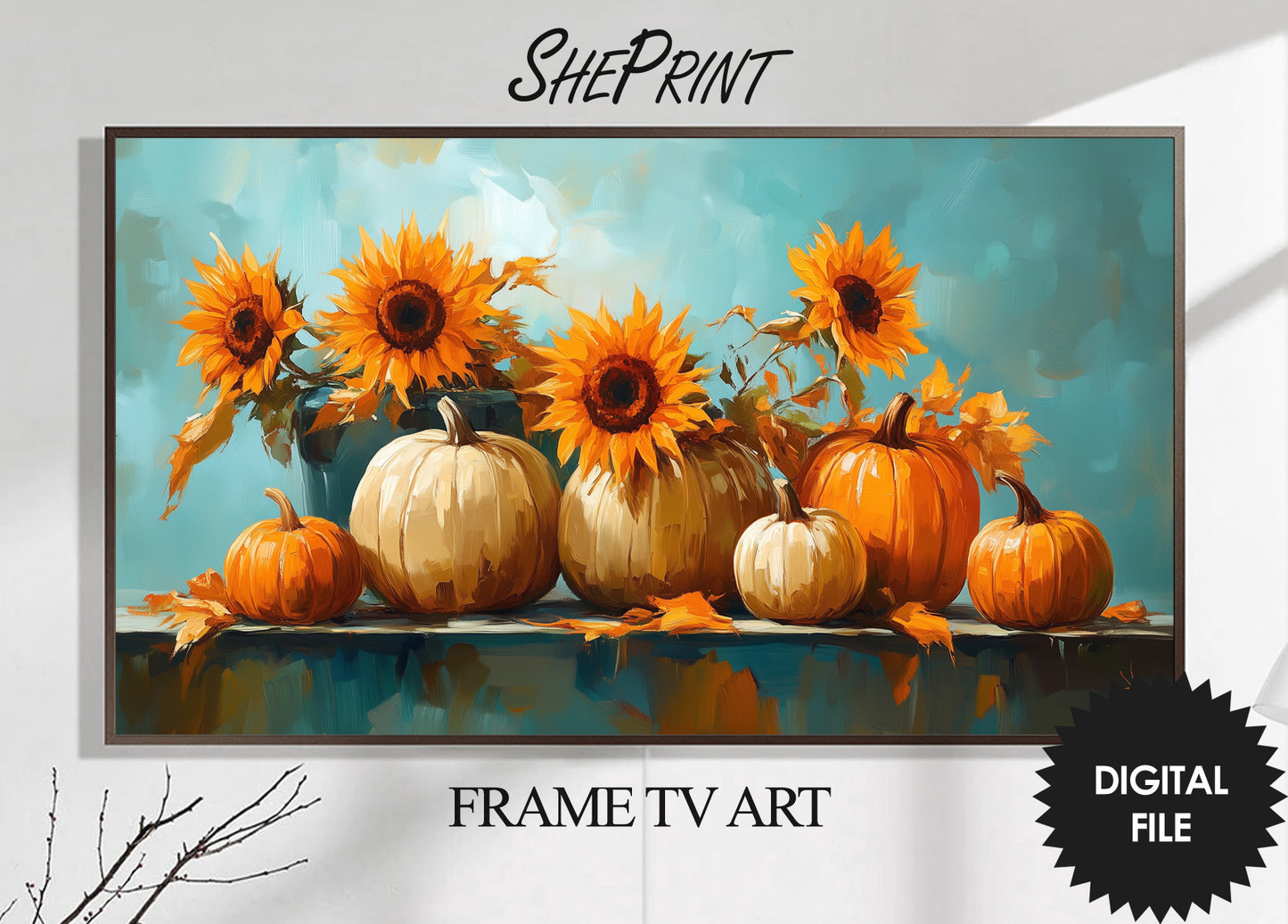 Samsung Frame TV Art, Sunflowers and Pumpkins Oil Painting, Fall Still Life preview