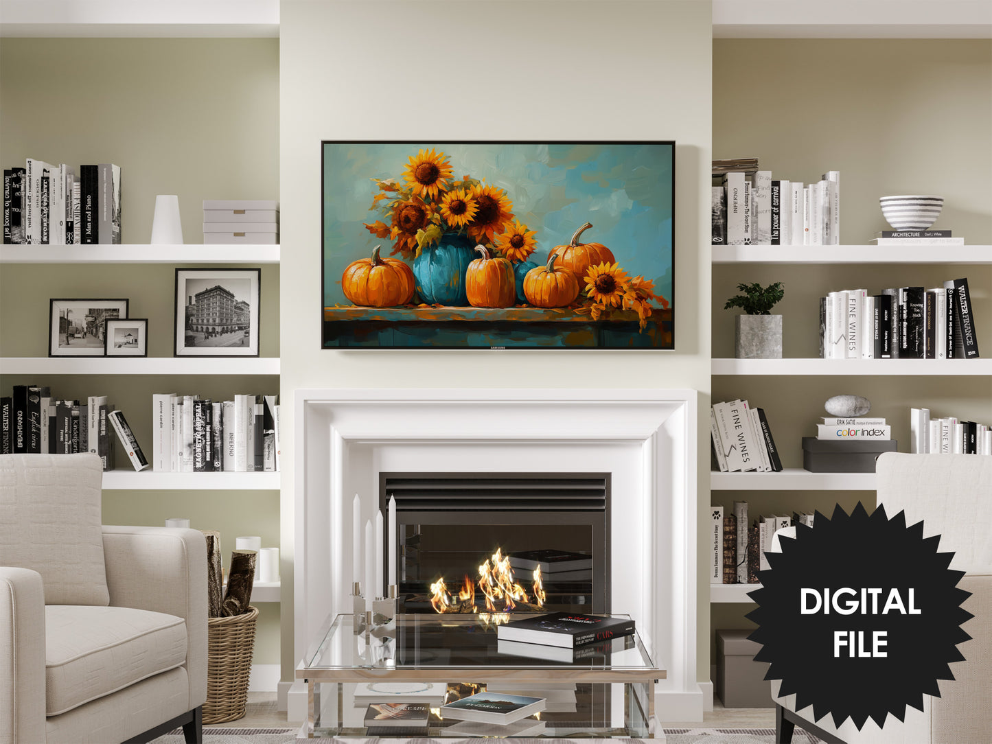 Samsung Frame TV Art, Sunflowers and Pumpkins Autumn Still Life Oil Painting preview in modern living room