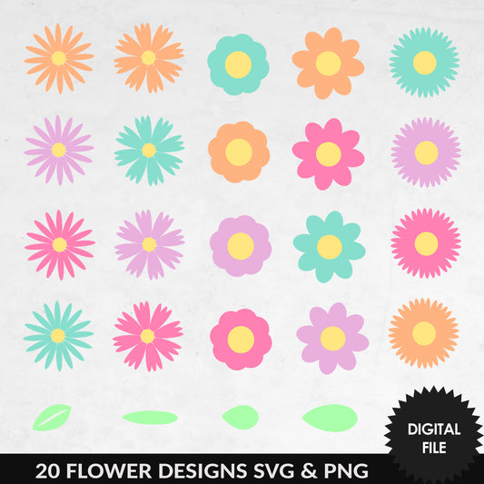 SVG & PNG Flowers, 20 Pastel Flower Designs, Floral Bundle Clipart, Personal and Commercial Use, Digital Download