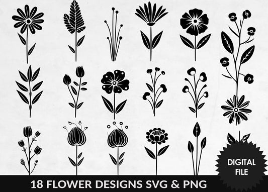 SVG & PNG Flowers, 18 Flower Designs, Floral Silhouette Clipart, Botanical SVG Bundle, Personal and Commercial Use, Digital Download