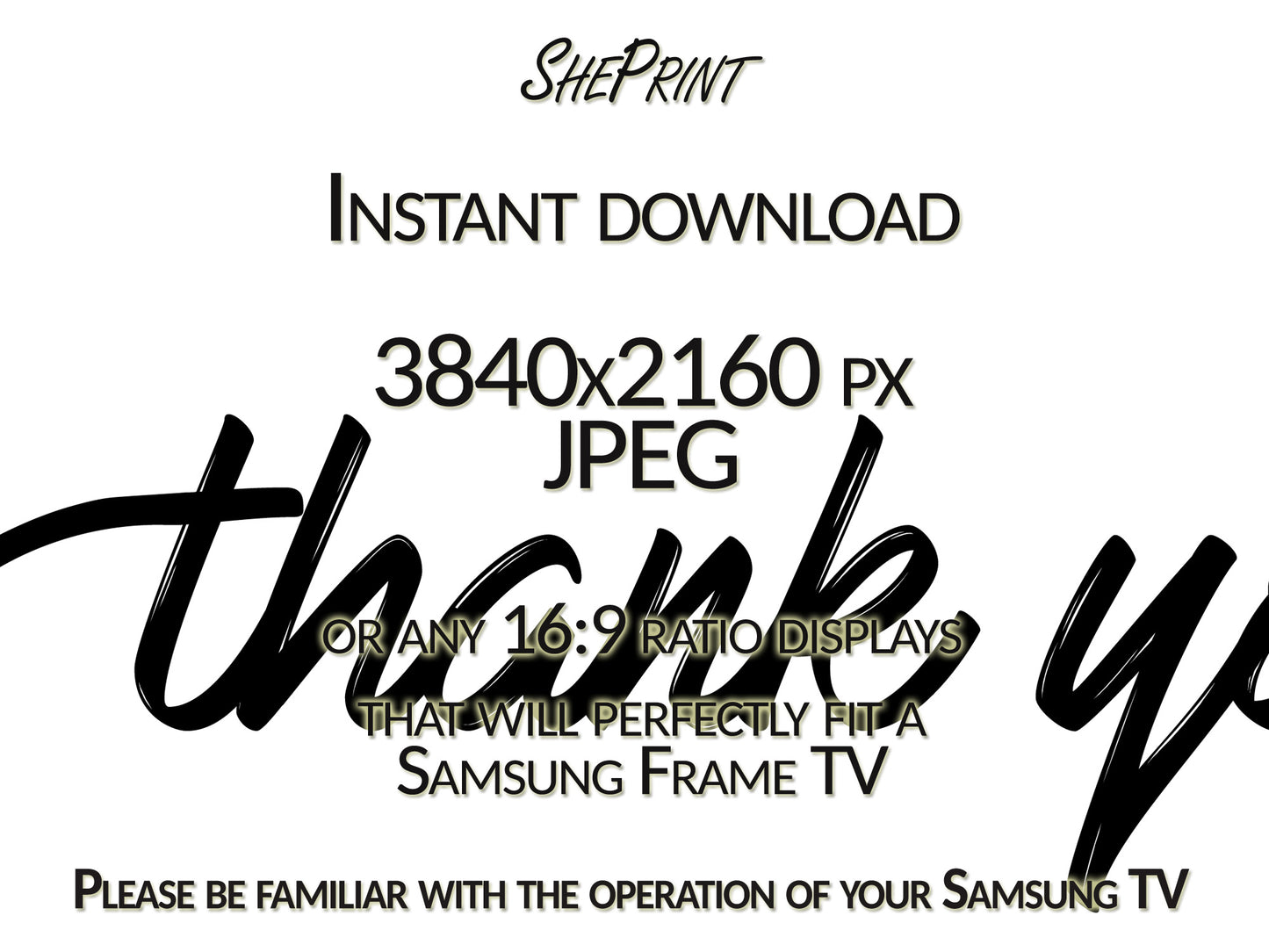 Frame TV Art Thank You | Say Thank You | Black and White | Simple Handwritten Thank You | White Background | Instant Download
