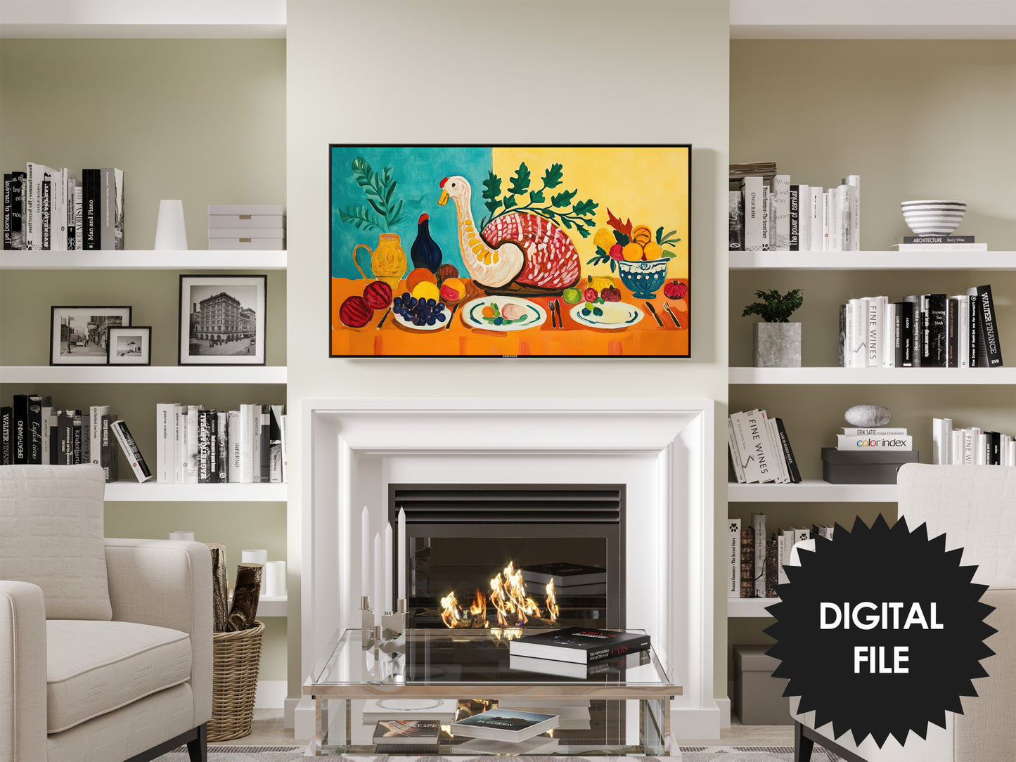 Samsung Frame TV Art, Thanksgiving Feast Painting, Naive Art, preview in modern living room