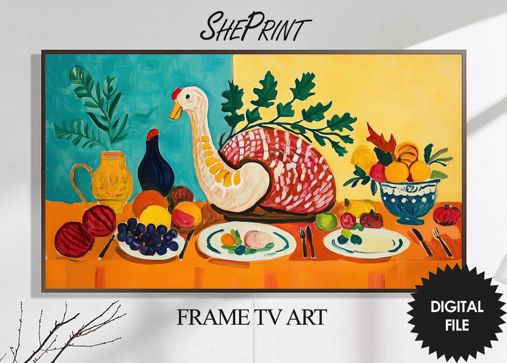 Samsung Frame TV Art, Thanksgiving Feast Painting, Naive Art, preview on wall