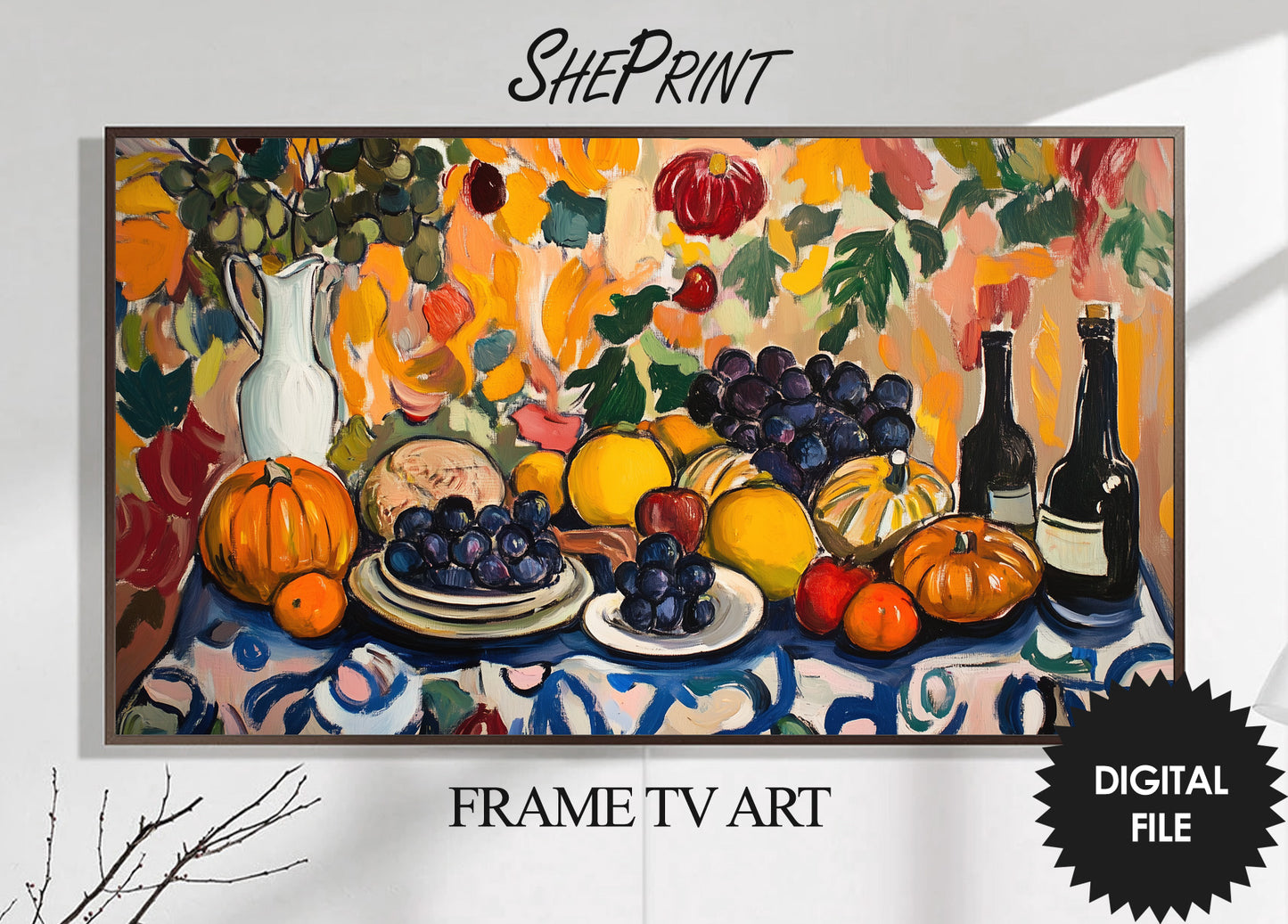 Samsung Frame TV Art Thanksgiving Feast Painting, Fruit, Wine, Flowers, Naive Art preview