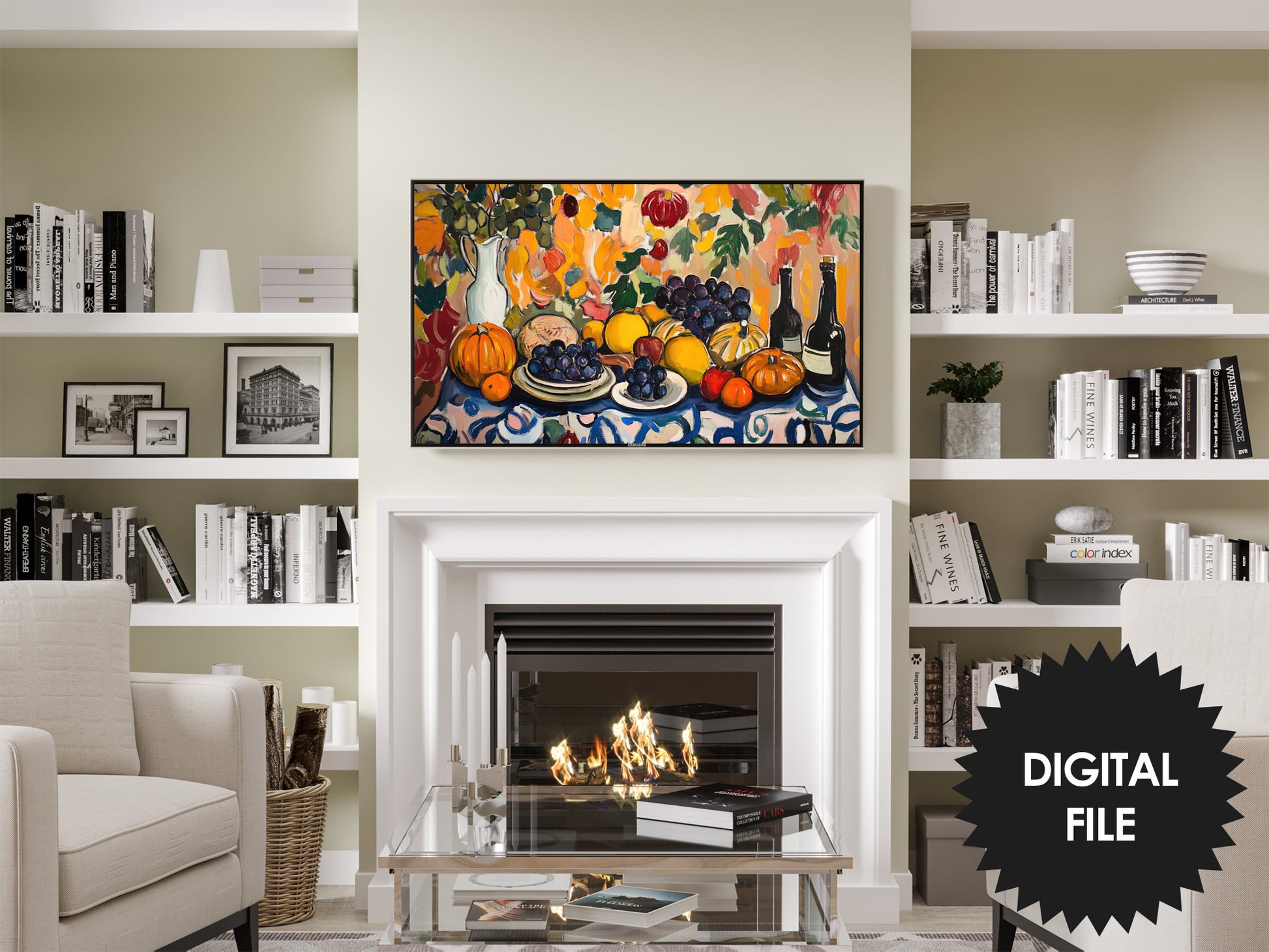 Samsung Frame TV Art Thanksgiving Feast Painting, Fruit, Wine, Flowers, Naive Art preview in modern living room