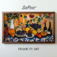 Samsung Frame TV Art Thanksgiving Feast Painting, Fruit, Wine, Flowers, Naive Art preview with wooden frame