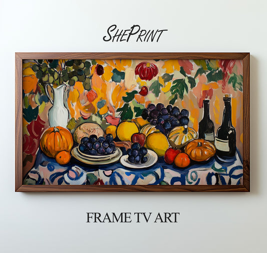 Samsung Frame TV Art Thanksgiving Feast Painting, Fruit, Wine, Flowers, Naive Art preview with wooden frame