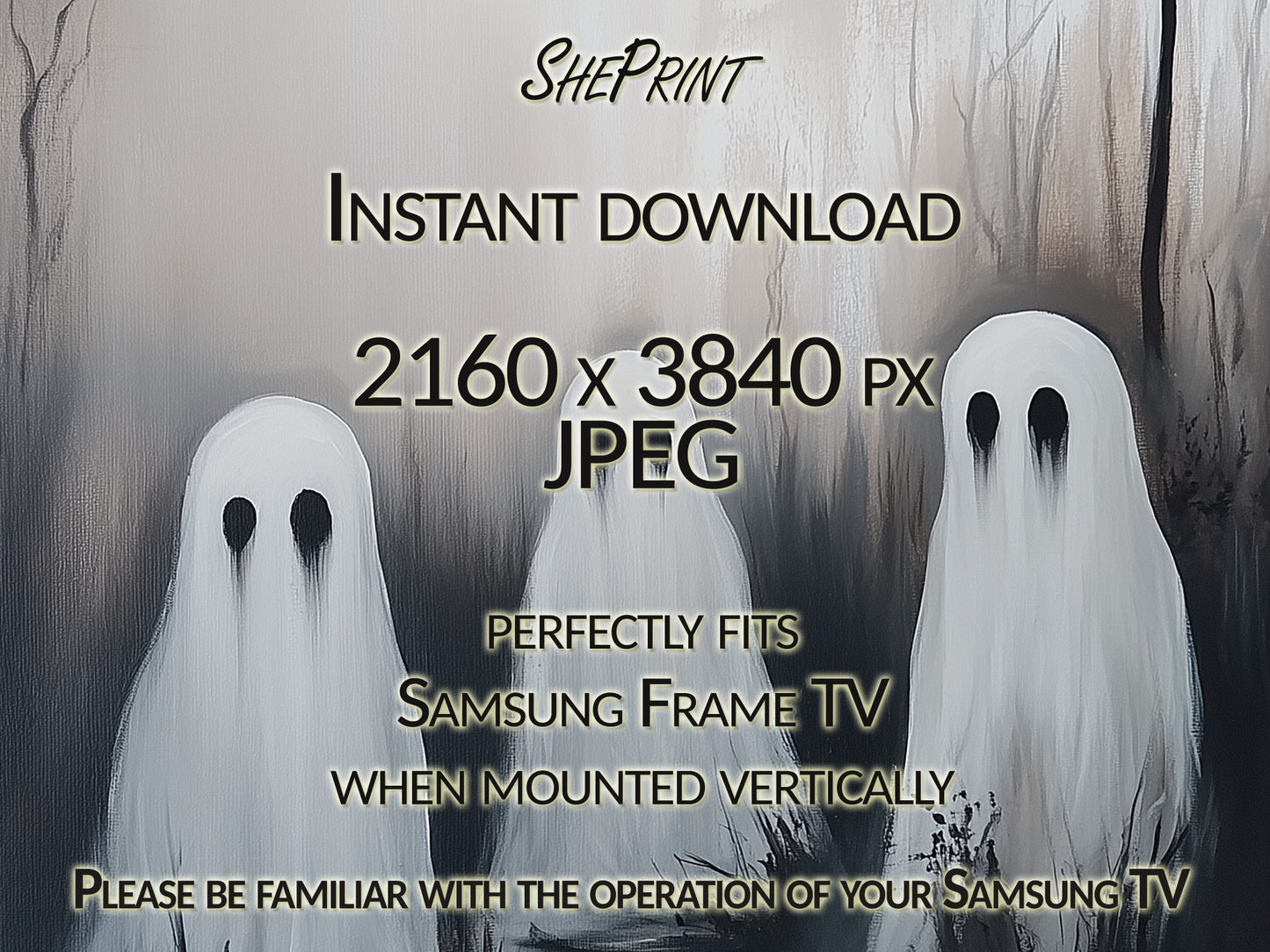 Samsung Vertical Frame TV Art, Three Ghosts Halloween Scene close up view