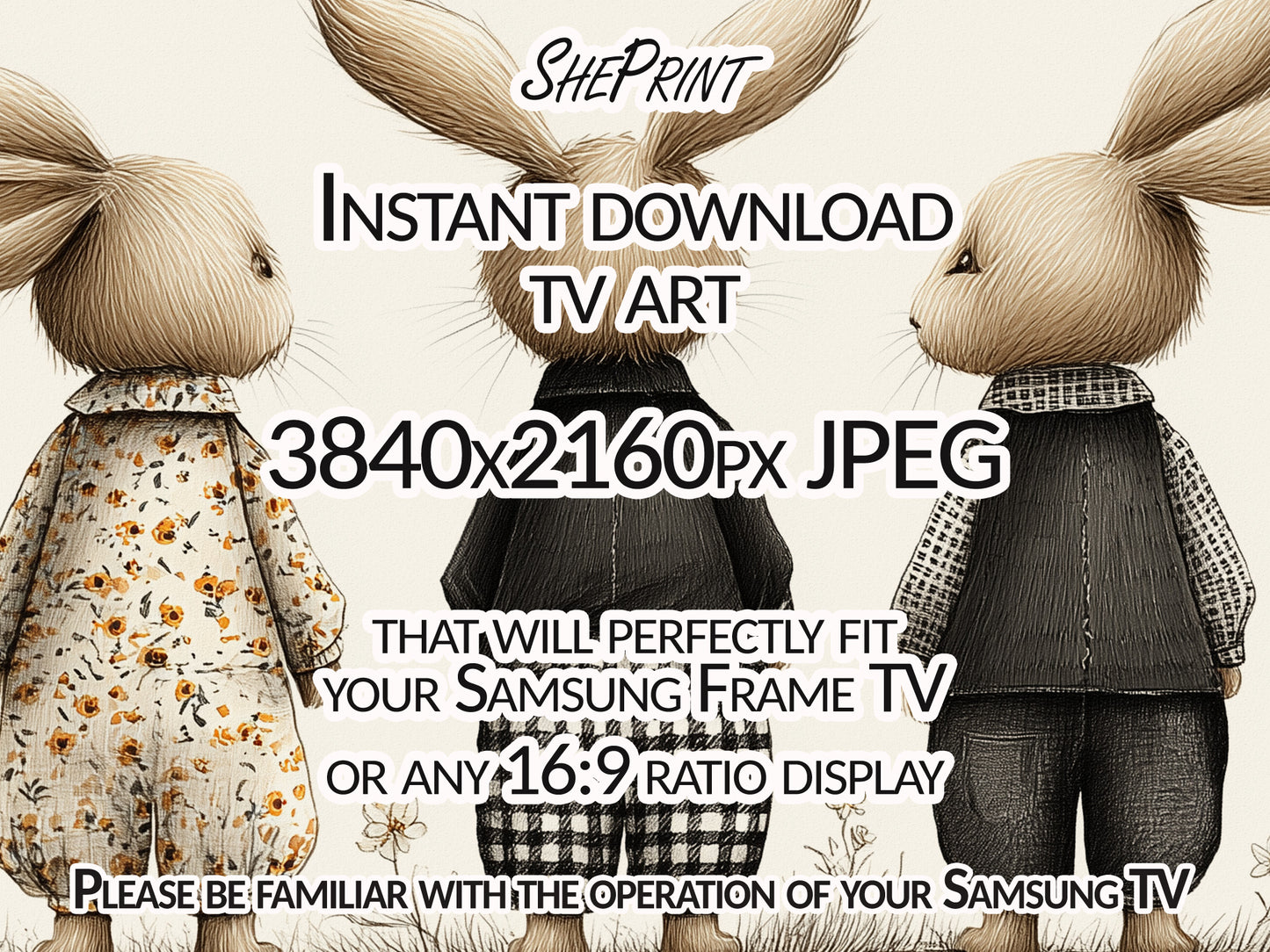 Three Vintage Easter Bunnies Frame TV Art | Instant Digital Download close up view