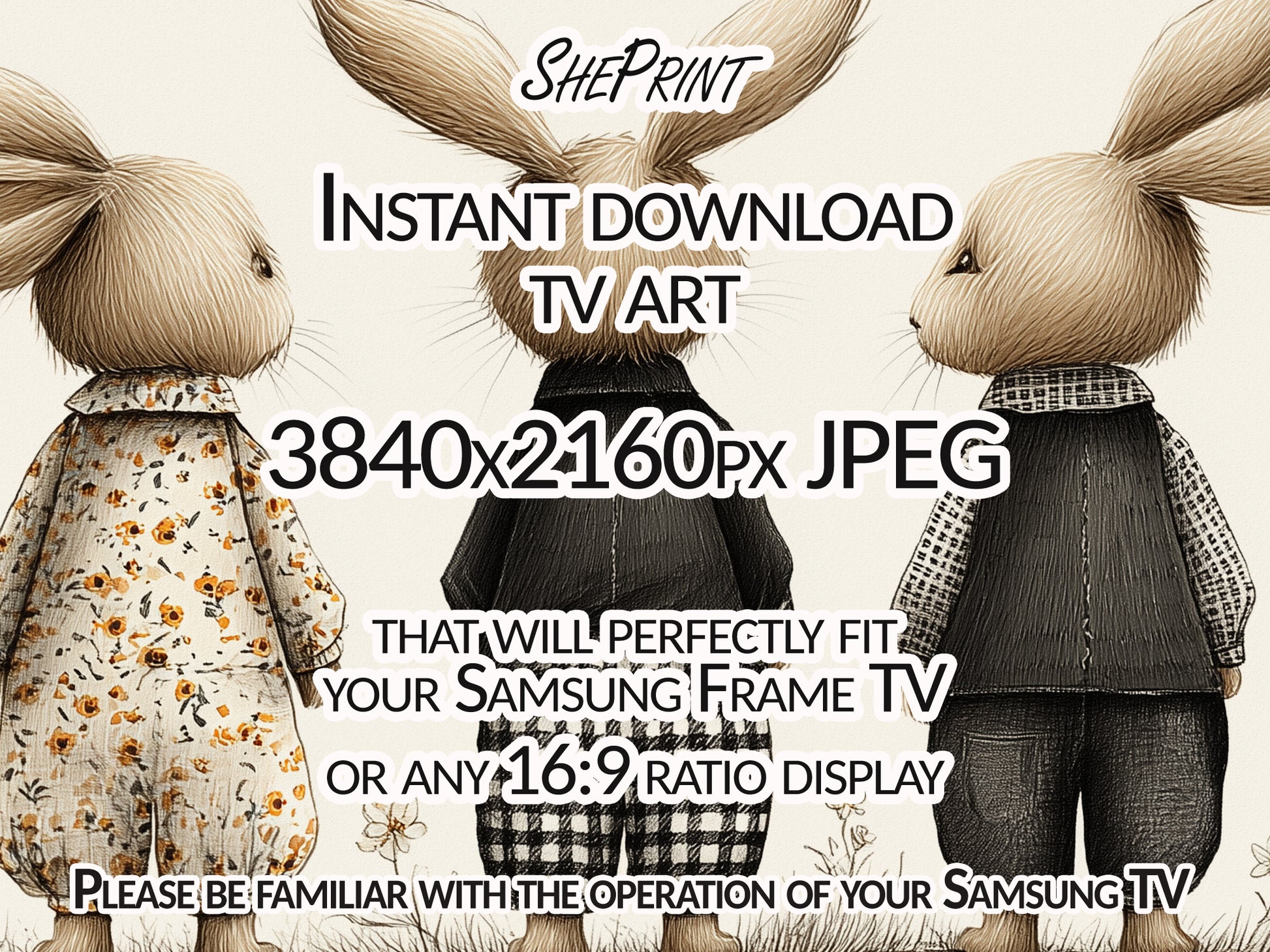 Three Vintage Easter Bunnies Frame TV Art | Instant Digital Download close up view