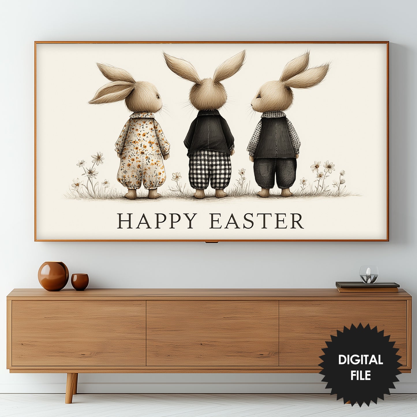 Three Vintage Easter Bunnies Frame TV Art | Instant Digital Download preview