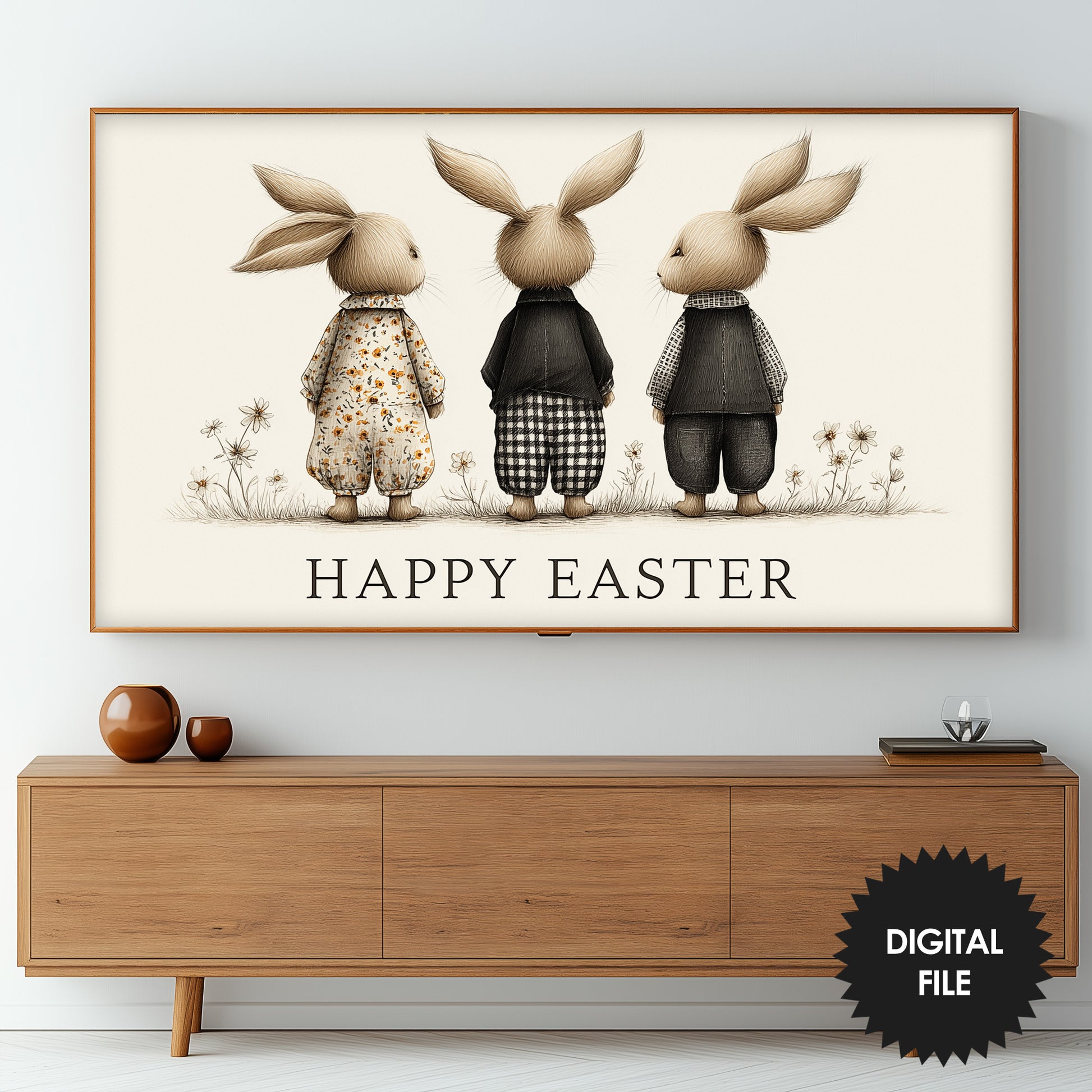 Three Vintage Easter Bunnies Frame TV Art | Instant Digital Download preview
