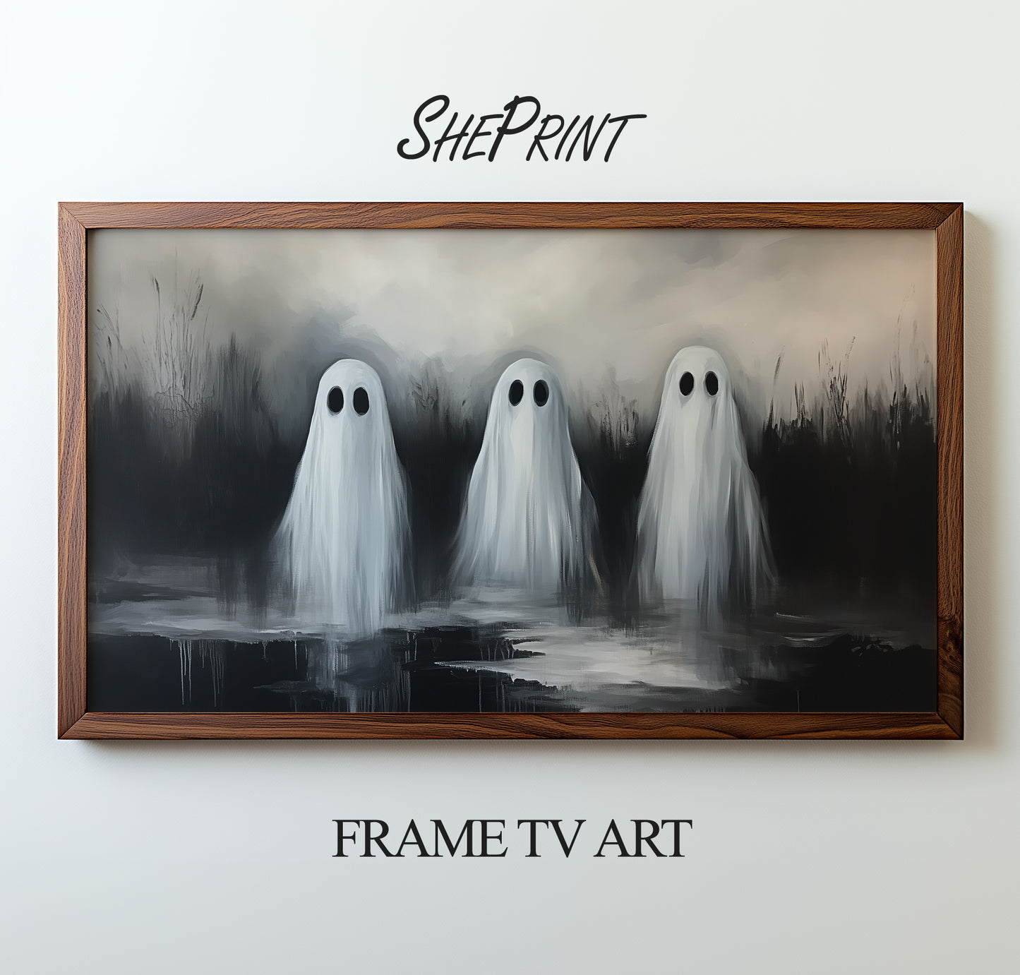 Halloween Frame TV Art | Ghosts By The Lake preview in wooden frame