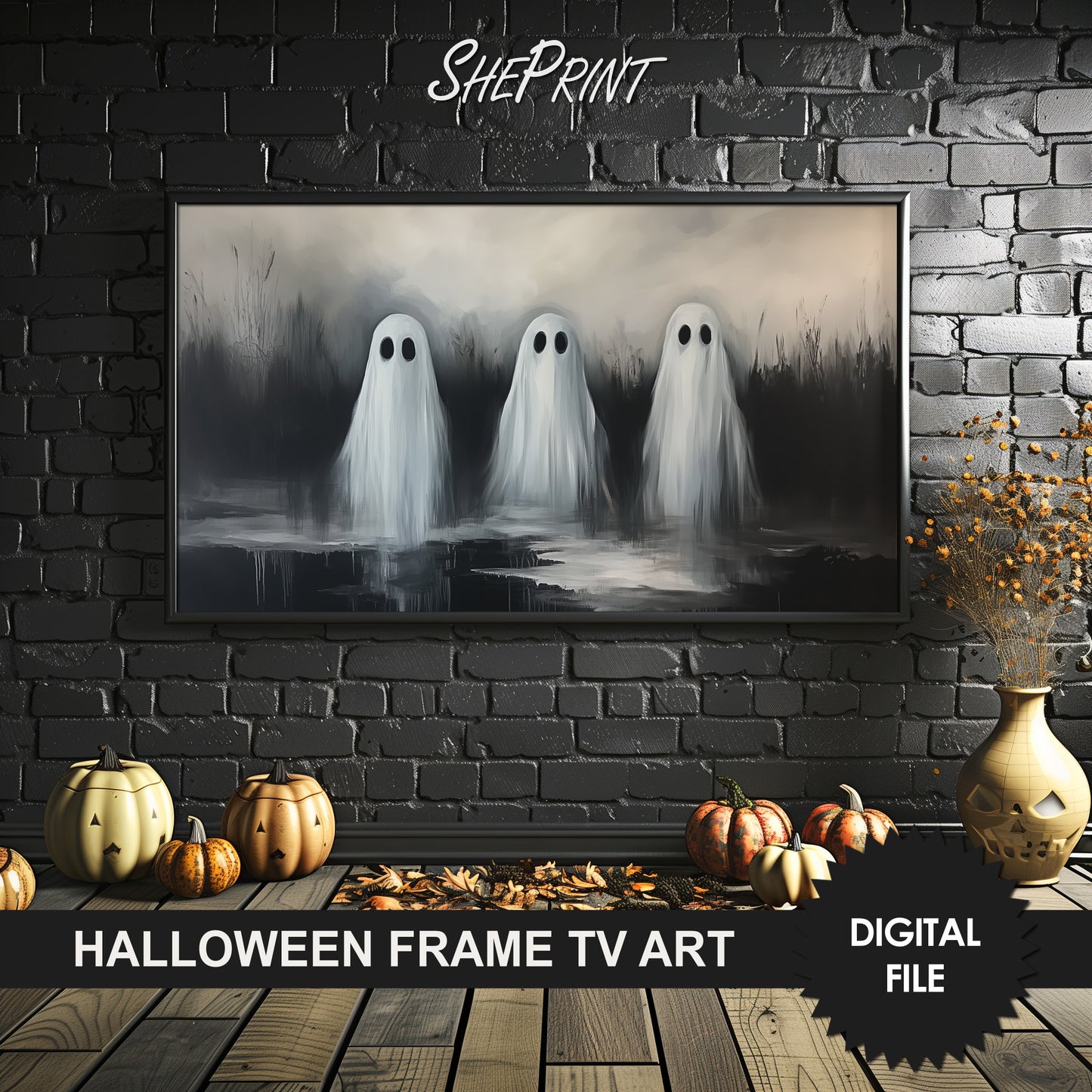 Halloween Frame TV Art | Ghosts By The Lake in Halloween styled room