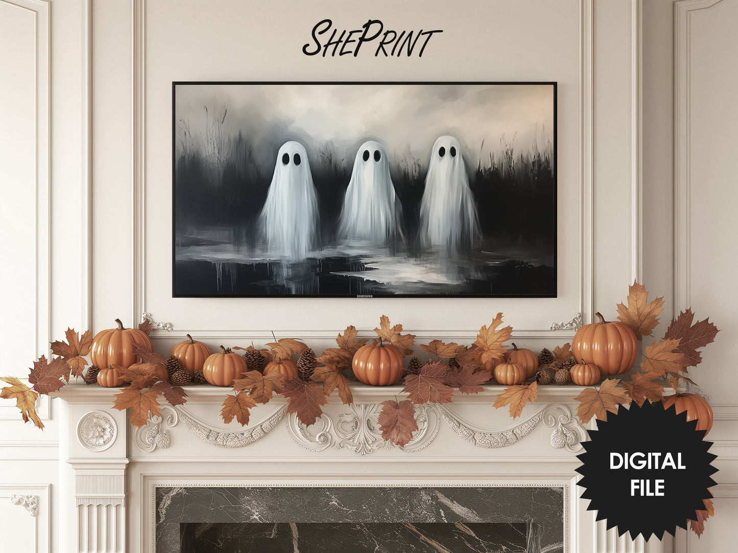 Halloween Frame TV Art | Ghosts By The Lake preview in living room