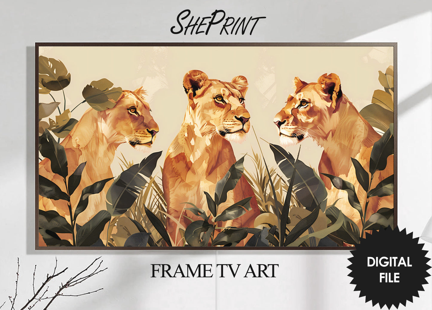 Frame TV Art Three Lionesses, Safari Animals Watercolor preview on Samsung Frame Tv