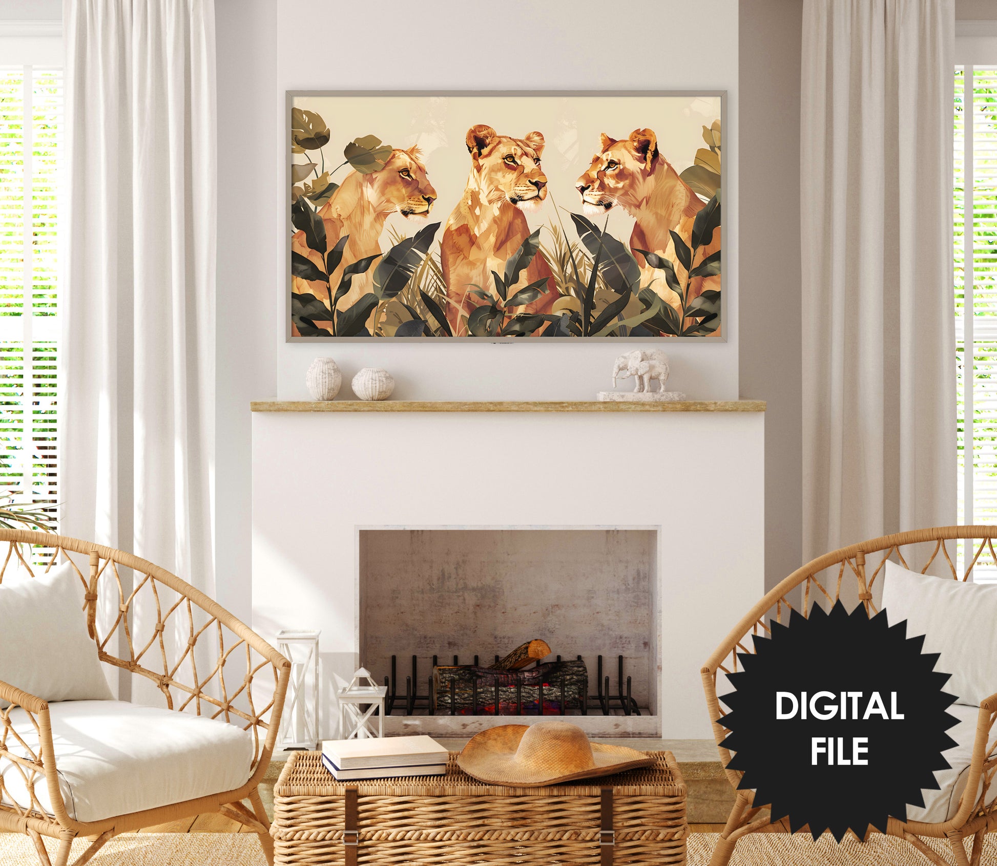 Frame TV Art Three Lionesses, Safari Animals Watercolor preview in rustic ambience