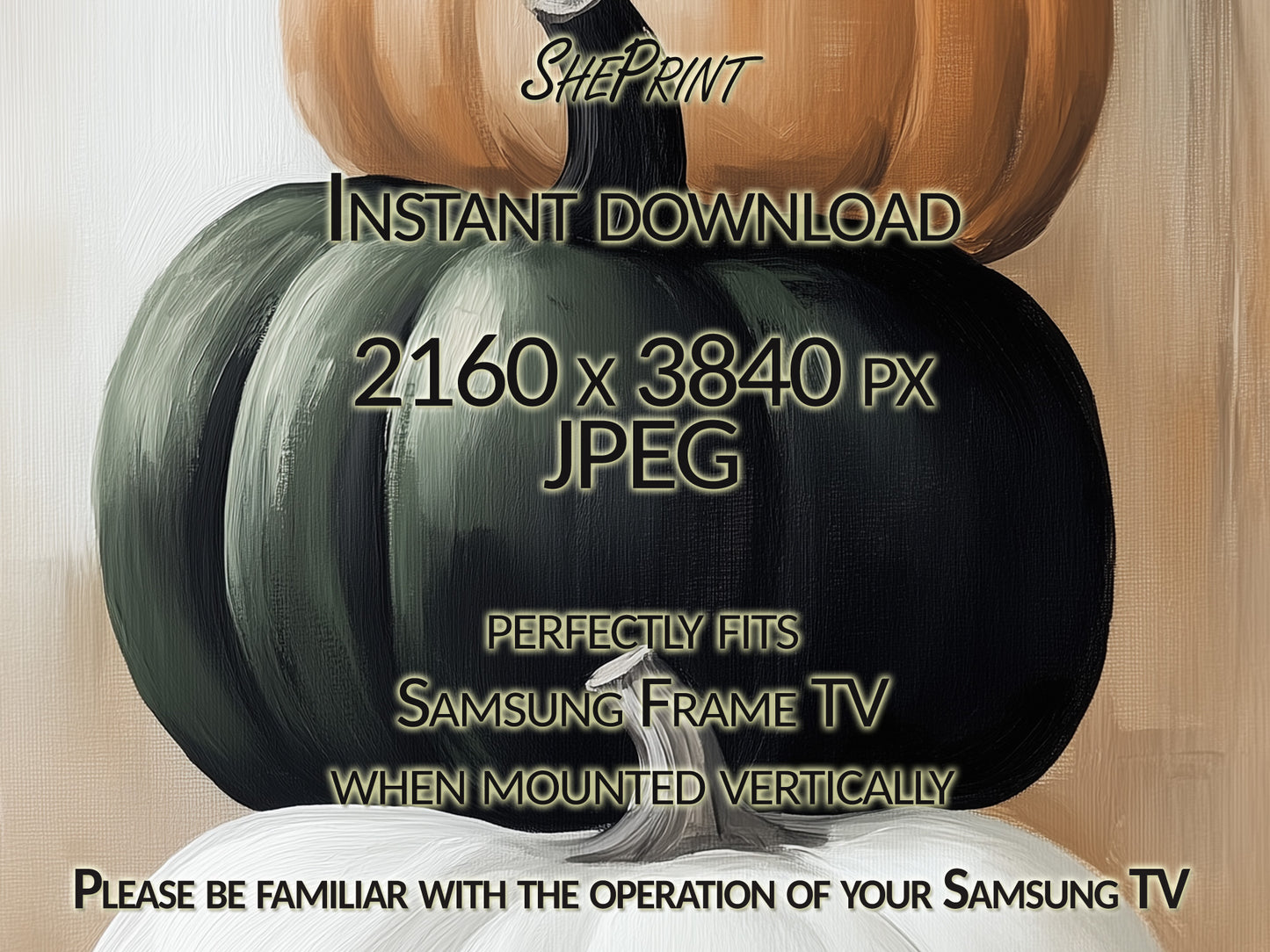 Samsung Vertical Frame TV Art, Three Pumpkins Thanksgiving Abstract Art close up view