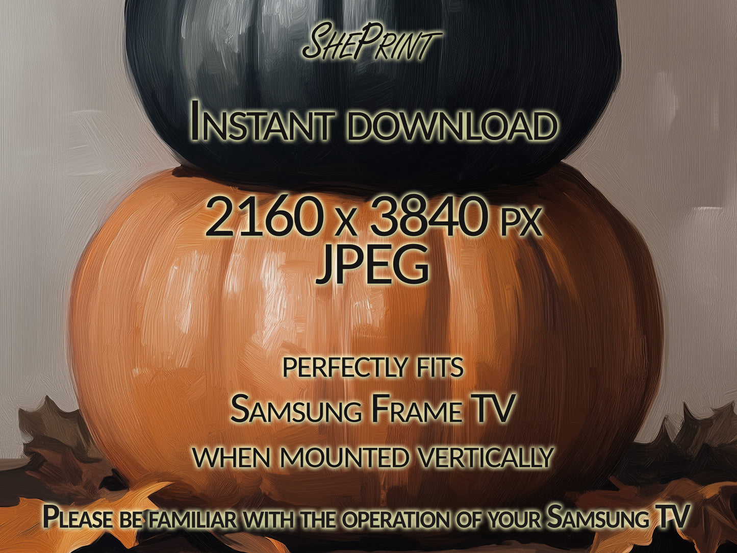 Samsung Vertical Frame TV Art, Three Pumpkins Autumn Thanksgiving Digital Art close up view